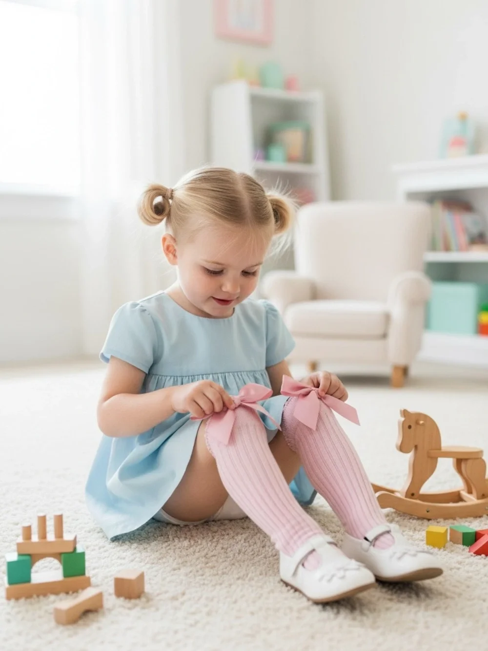Pink Ribbed Bow Knee-High Socks For Toddlers
